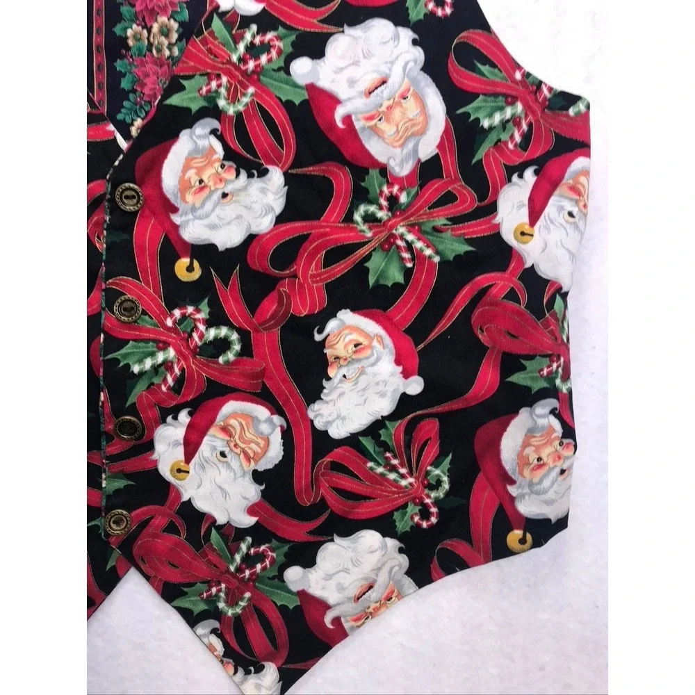 Vintage Handmade Christmas Vest Santa Poinsettia‎ Holiday Womens M Reversible